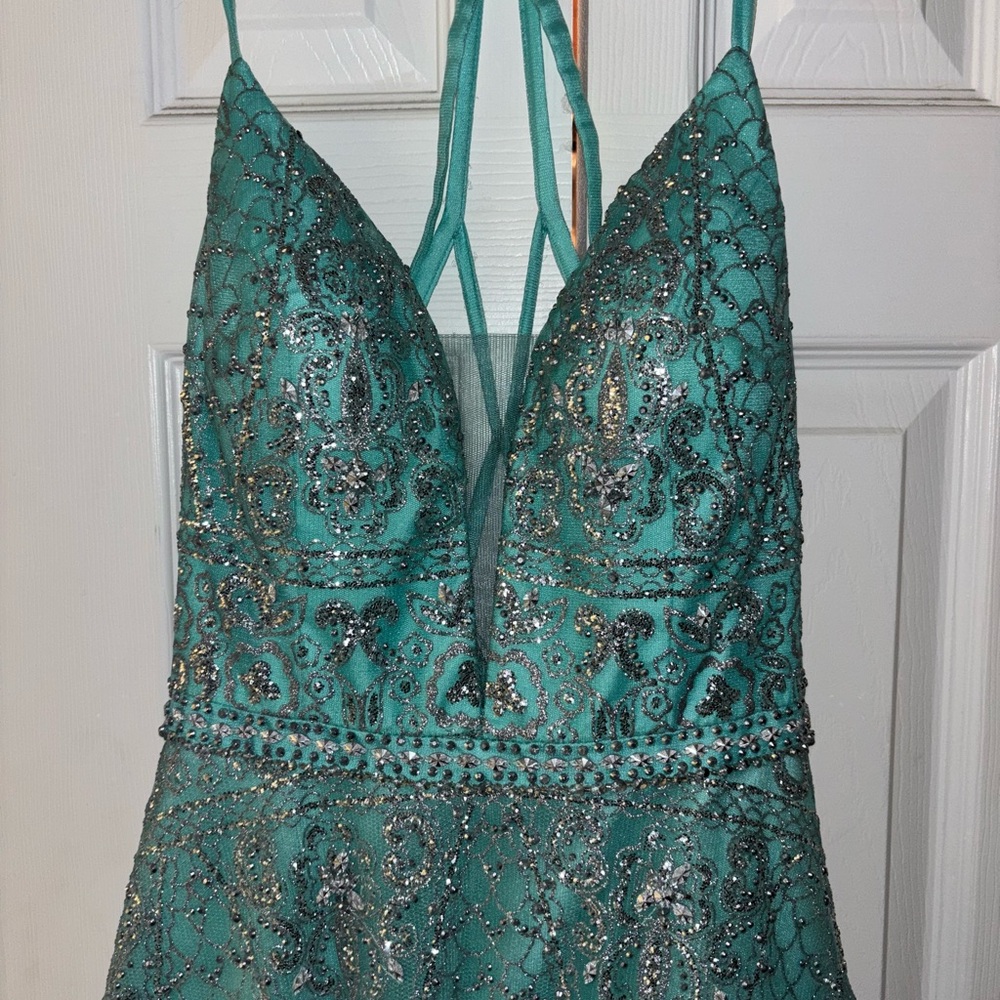 Teal Beaded Halter Prom Dress